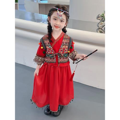 兒童民族風套裝春秋款男女童傣族服異域風情苗疆三件套漢服連衣裙