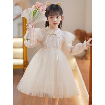 女童春秋新款連衣裙中國風旗袍加絨公主裙中式婚禮花童禮服蓬蓬裙