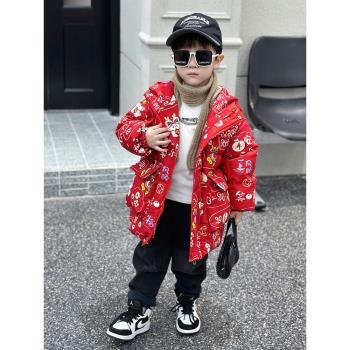 童裝男童拜年服羽絨服冬季2023新款洋氣寶寶紅色棉襖兒童冬裝外套
