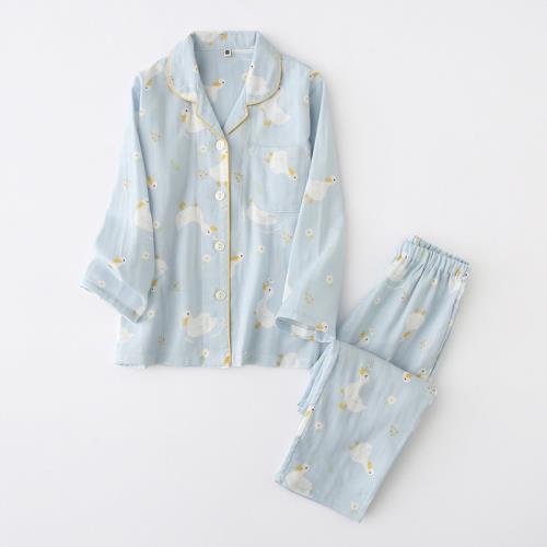 春夏純棉紗布男童長袖睡衣薄款女孩中大童春秋棉麻兒童親子家居服