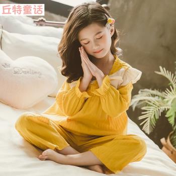 可愛純棉春季長袖公主小女孩睡衣