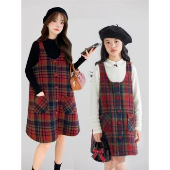 女童呢子背心裙2023秋冬裝親子裝兒童裝寶寶新年紅色毛呢連衣裙子