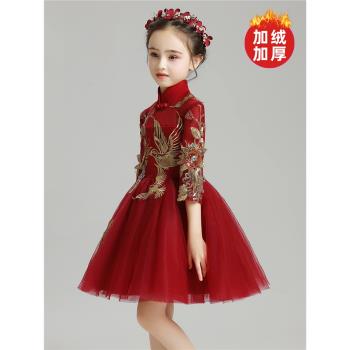 女童公主裙兒童晚禮服花童小女孩蓬蓬紗中式主持人演出服長袖洋氣