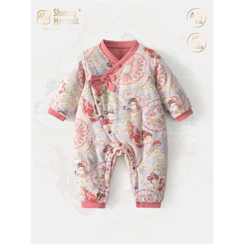 新生嬰兒冬季夾棉衣服中國風寶寶漢服新中式小月齡加厚連體衣棉衣