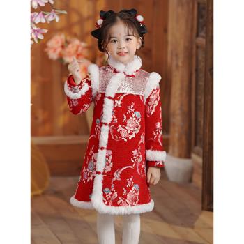 冬季女寶寶旗袍加絨紅色裙子漢服