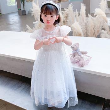 夏季新款冰雪奇緣艾莎公主裙中小女童長款蓬蓬網紗禮服周歲花童裙