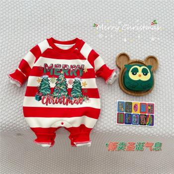 秋冬新品嬰幼兒哈衣男女寶紅色條紋聖誕節造型加絨哈衣外出服