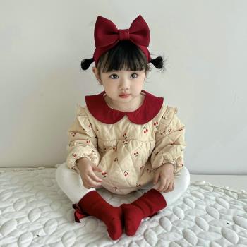 嬰兒秋冬衣服櫻桃夾棉加絨包屁衣公主哈衣女寶寶新生兒甜美連體衣