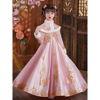 女童漢服冬季旗袍2024新款兒童拜年服女唐裝小女孩過年服紅色冬款