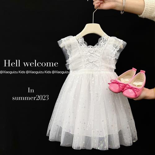 高端女童連衣裙夏季小女孩白色表演紗裙兒童六一舞蹈蓬蓬公主裙子