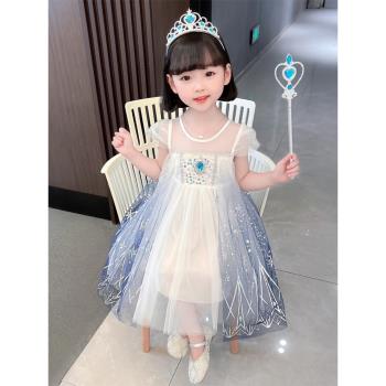 正版愛莎公主裙子女童夏季新款冰雪奇緣連衣裙洋氣女孩Elsa禮服裙
