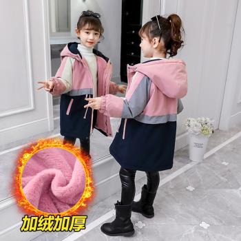 兒童裝女童加絨外套2023年新款中長款加厚派克服中大童秋冬裝棉衣