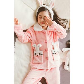 左愛佑童女童睡衣秋冬季法蘭絨兒童加厚中大童珊瑚絨家居服套裝