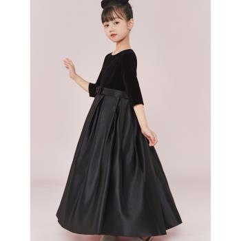 新款女童黑色修身禮服鋼琴小提琴樂器演奏服元旦合唱團走秀裙秋冬