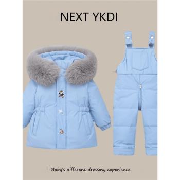 英國NEXT冬季嬰兒羽絨服套裝男女寶寶滑雪服兒童背帶褲上衣兩件套