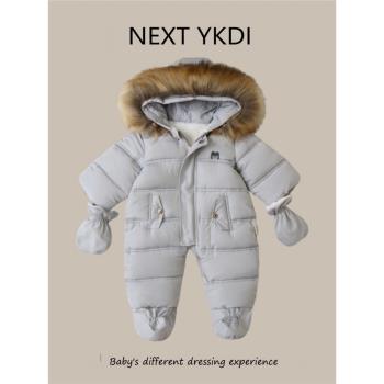 英國NEXT冬季嬰兒羽絨服連體衣男女寶寶三防滑雪服爬服兒童哈衣厚
