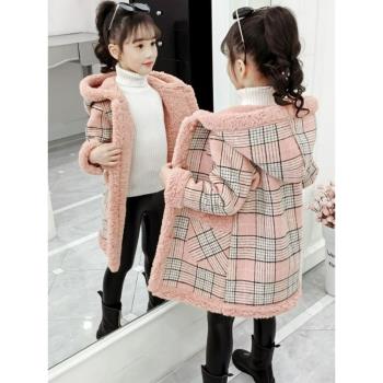 女童外套秋冬韓版洋氣兒童裝加厚加絨格子呢大衣中大童中長款時尚