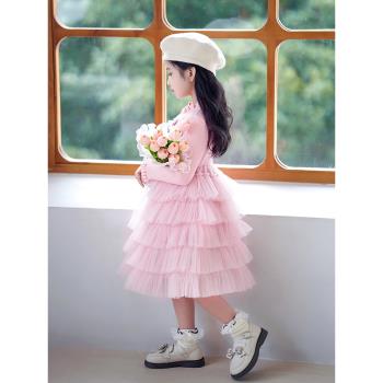 粉色公主裙高階禮服女童秋冬加絨毛衣紗裙大童小香風高階感連衣裙