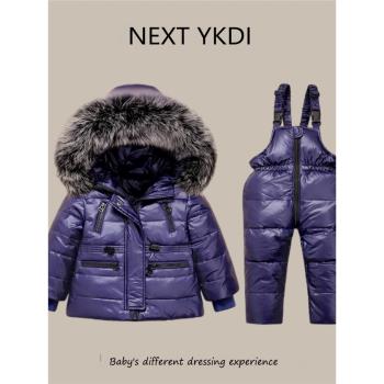 英國NEXT冬季嬰兒羽絨服套裝男女寶寶中小童背帶褲上衣外套兩件套