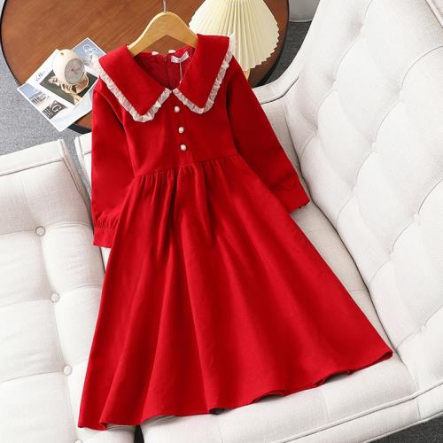 女童加絨連衣裙冬季洋氣公主裙秋冬款女孩紅色新年裙子過年拜年服