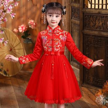 女童旗袍秋冬加絨連衣裙兒童中國風唐裝紅色禮服漢服拜年服新年裝