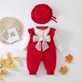新生兒周歲紅色禮服嬰兒連體衣