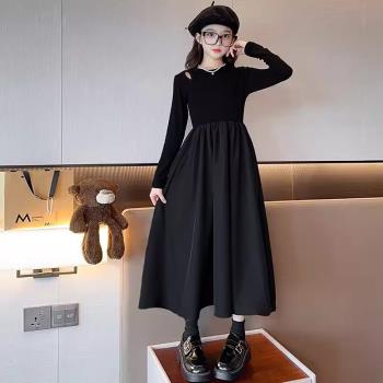 女童針織長袖連衣裙春秋季2023新款中大童洋氣黑色禮服裙兒童秋裝