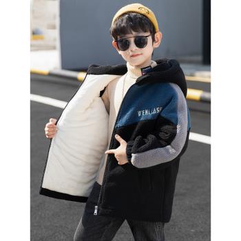 兒童裝男童加絨外套秋冬裝加厚棉衣2023新款中大童保暖棉服搖粒絨