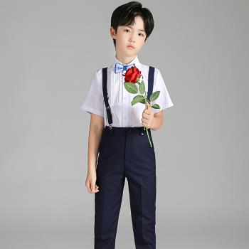兒童小花童禮服主持人服裝男童鋼琴演出合唱背帶褲男孩表演套裝夏