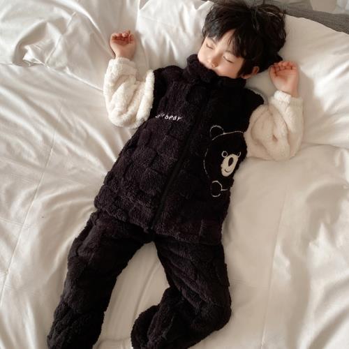 兒童睡衣男童秋冬季珊瑚絨加絨加厚男孩法蘭絨保暖家居服套裝冬款