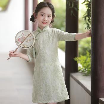 綠色旗袍女童秋季中國風兒童新中式復古小女孩清新蕾絲連衣裙洋氣