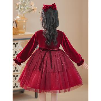 女童絲絨公主裙秋冬新款兒童蓬蓬紗裙女寶寶周歲生日禮服中小童