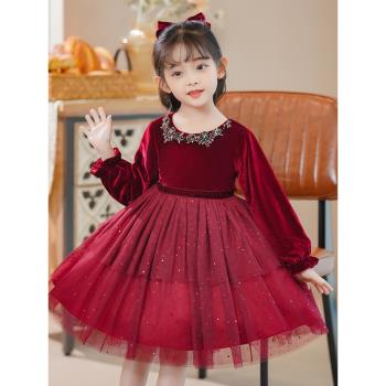 女童絲絨連衣裙秋冬新款兒童蓬蓬紗公主裙小女孩周歲生日禮服裙子