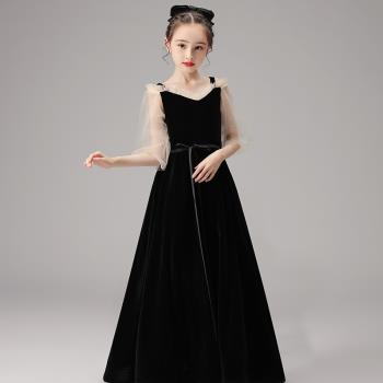 兒童禮服女童鋼琴演奏演出服生日晚禮服洋氣高階黑色主持人禮服裙