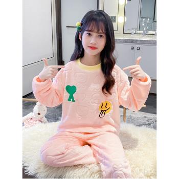 女童秋冬睡衣套裝法蘭絨家居服套頭兩件套小女童卡通珊瑚絨休閑服