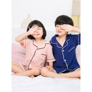 兒童短袖睡衣女童純棉紗布夏天薄款套裝男童中大童夏季空調家居服