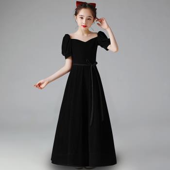 兒童主持人禮服鋼琴演奏女童禮服裙黑色絲絨大童公主裙高階演出服