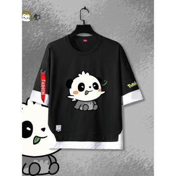 寶可夢耿鬼皮卡丘頑皮熊貓假兩件短袖t恤衫男女兒童裝學生5五分袖
