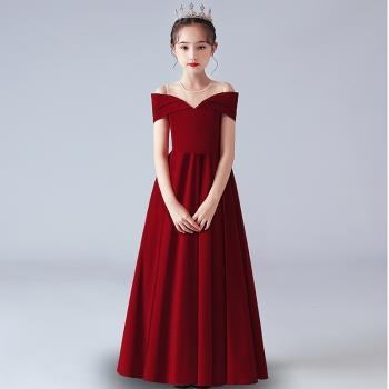 兒童禮服女童小主持人公主裙鋼琴演奏演出服紅色高階生日晚禮服裙