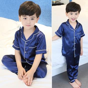 兒童睡衣夏天男童裝空調服薄款小男孩寶寶夏季冰絲短袖長褲家居服