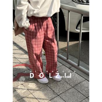 波拉韓國童裝兒童闊腿褲2022秋冬季新款韓版女童格子加厚毛呢褲子