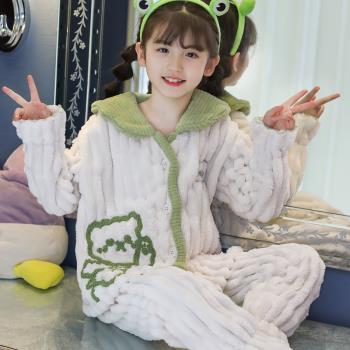 女童秋冬加厚卡通保暖法蘭絨睡衣