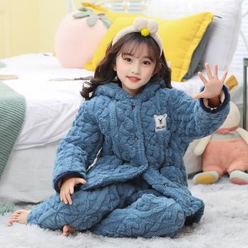 兒童睡衣男童冬季加厚款珊瑚絨三層夾棉女孩秋冬中大童保暖家居服