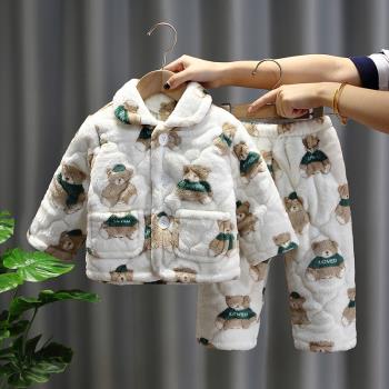 女童冬裝睡衣兒童三層加厚加絨保暖小童法蘭絨女寶冬季家居服套裝