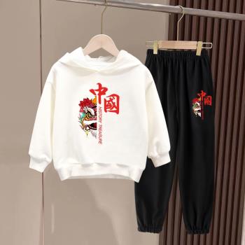 兒童衛衣套裝中國風男童衣服女童小學生運動服秋季白色上衣黑褲子