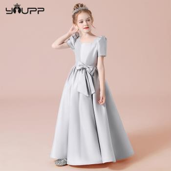 兒童鋼琴表演服女童高階緞布禮服小女孩泡泡袖歌唱比賽走秀演出服