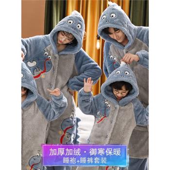 親子裝睡衣秋冬季一家三口法蘭絨男女童睡袍套裝加厚珊瑚絨家居服