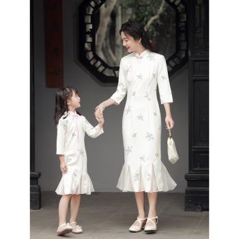 親子裝旗袍母女魚尾公主裙長袖春裝2024新款女童兒童中國風連衣裙