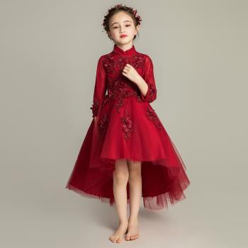 女童禮服公主裙兒童晚禮服婚紗長袖前短後長魚尾小花童鋼琴演出服
