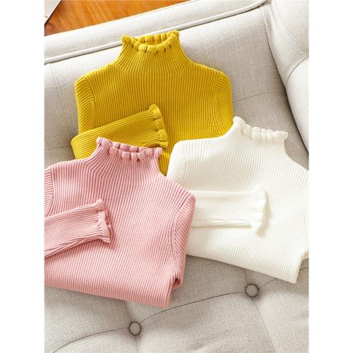 女童針織打底衫秋冬款兒童半高領打底毛衣白色加絨大童木耳領上衣